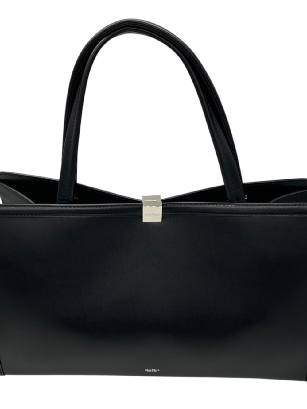 MAX MARA BLACK LEATHER DOUBLE TOP HANDLE TOTE HANDBAG WITH SILVER HARDWARE